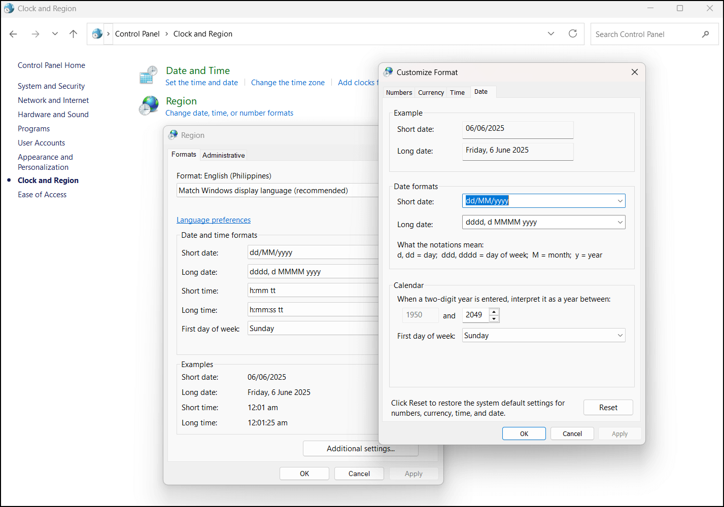Date and time formats setting under Clock and Region