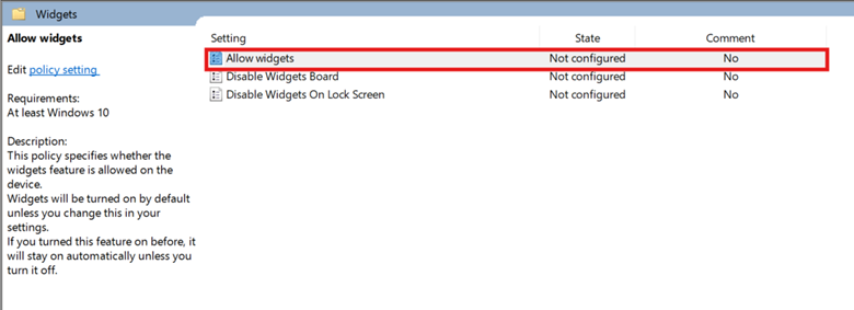 Allow widgets policy setting
