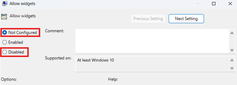 Allow widgets not configured and disabled options