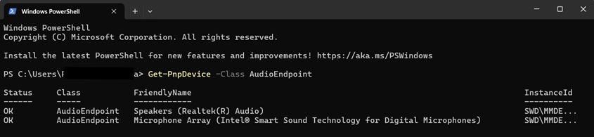 Windows PowerShell command to list all audio devices in target device