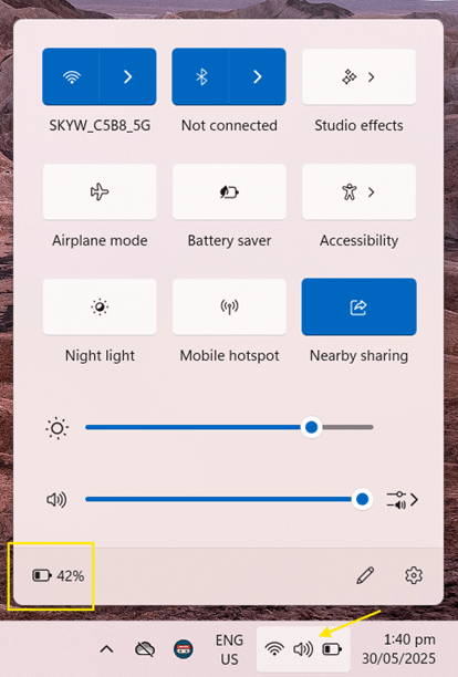 Battery percentage shown within the panel