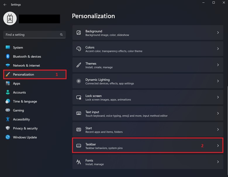 Taskbar settings under Personalization
