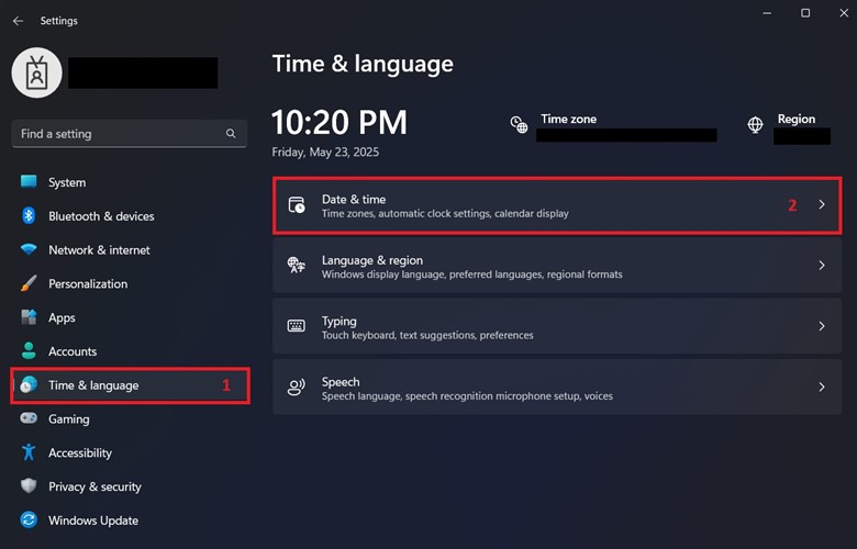 Date & time settings under Time & language