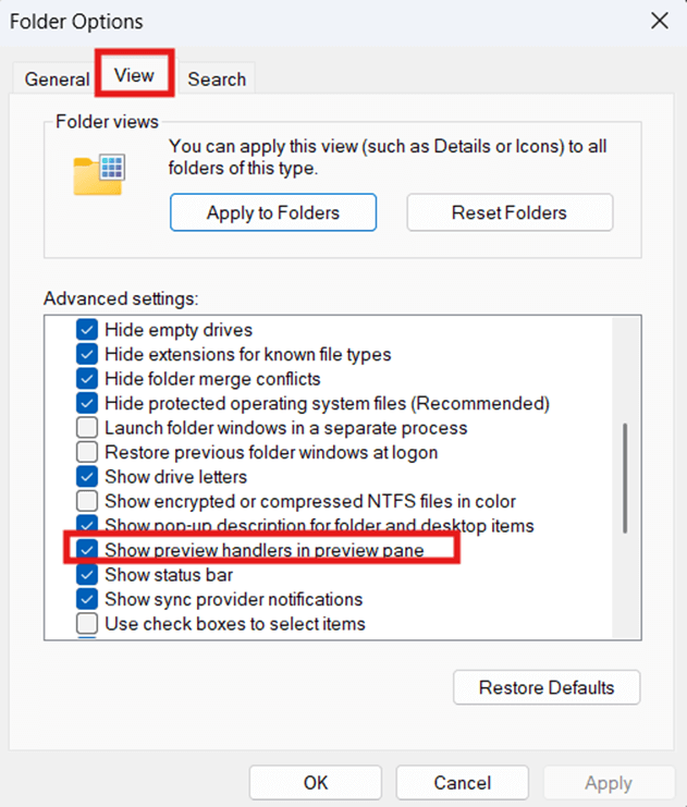 Options du dossier dans l'onglet Affichage