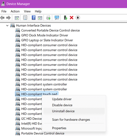 Device Manager window and options