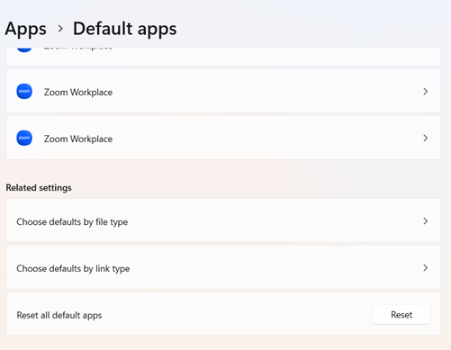Default apps option to Reset all default apps
