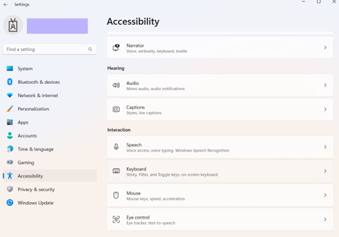 Keyboard accessibility in Settings window
