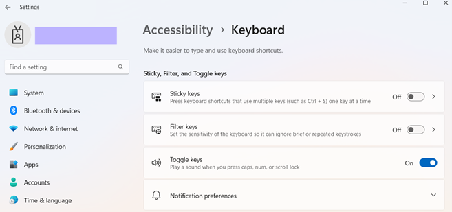 Toggle keys for keyboard accessibility