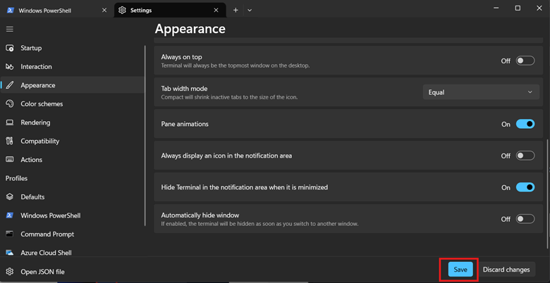 Save button for Appearance settings