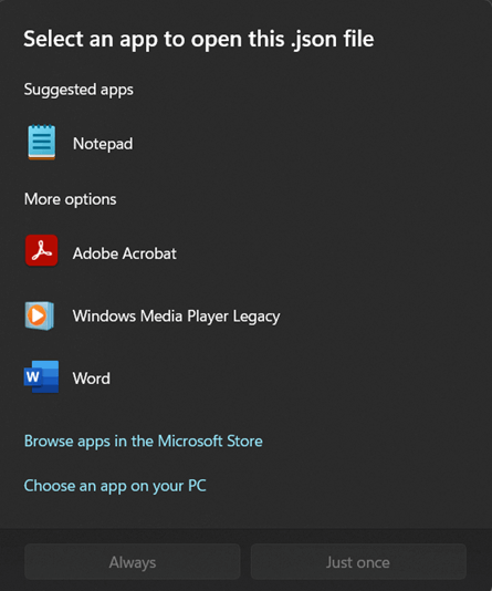 Select an app to open .json file prompt