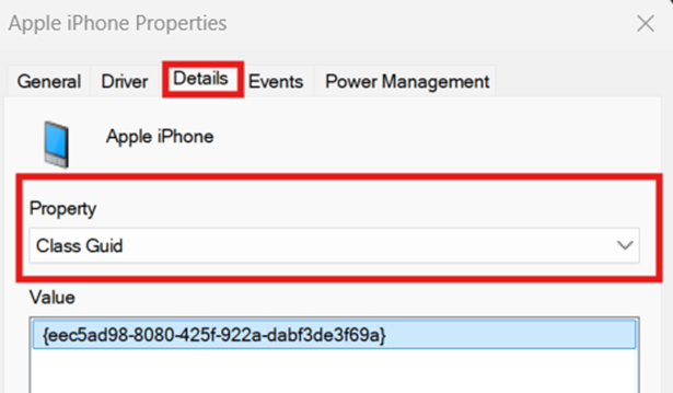 Dans Propriétés, sélectionnez Détails et choisissez GUID de classe dans le menu déroulant Propriétés.