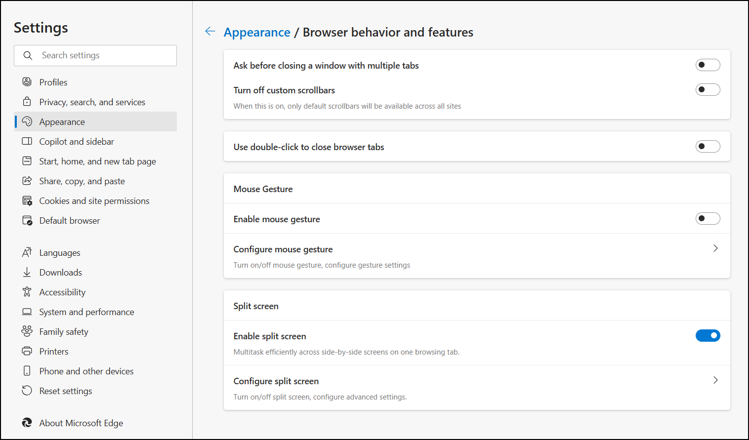 Altre impostazioni di aspetto Comportamento e funzionalità del browser Schermo diviso.