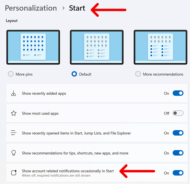 Impostazioni di peronalizzazione - Vai su Start - Attiva o disattiva "Mostra notifiche relative all'account"