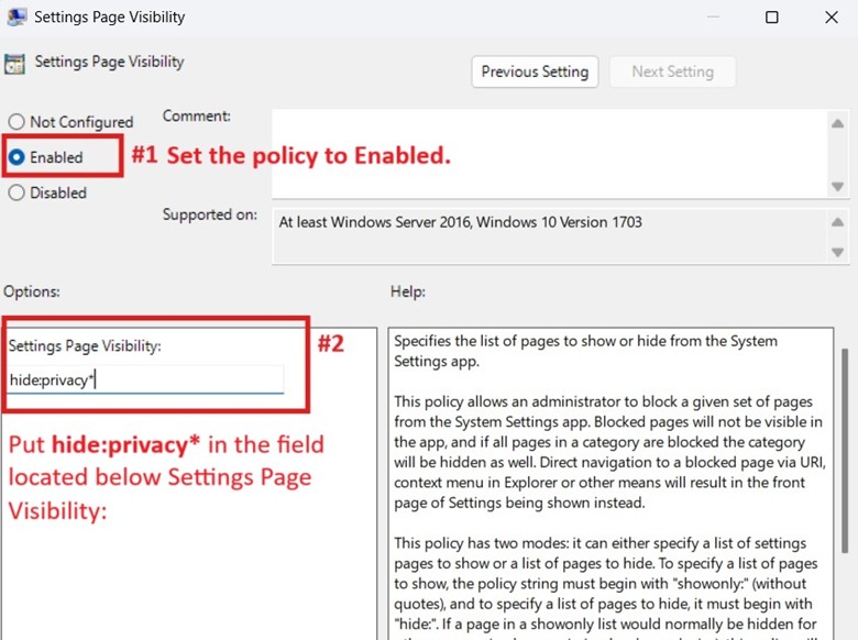 Set the policy to Enabled and put hideprivacy in the field found under Settings Page Visibility.
