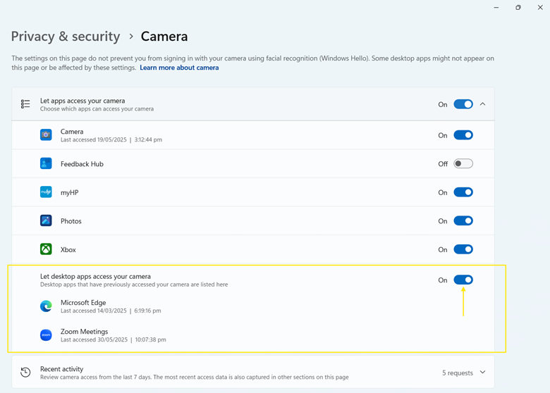 Toggle Let desktop apps access your camera as needed.