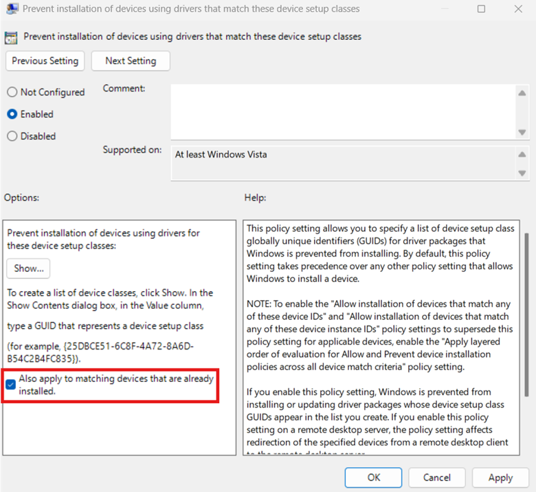 case à cocher à côté de "Appliquer aussi aux appareils correspondants déjà installés"