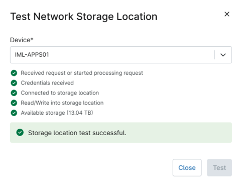 Test Network Storage Location tab