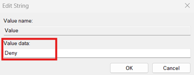 Edit string value data to deny