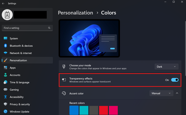 Find Transparency effects and toggle the switch beside it