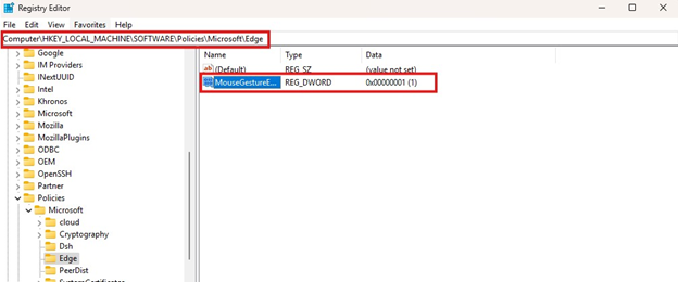 Find and double-click the MouseGestureEnabled DWORD value