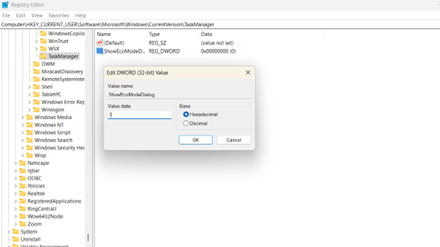 Configurez la valeur DWORD sur 1