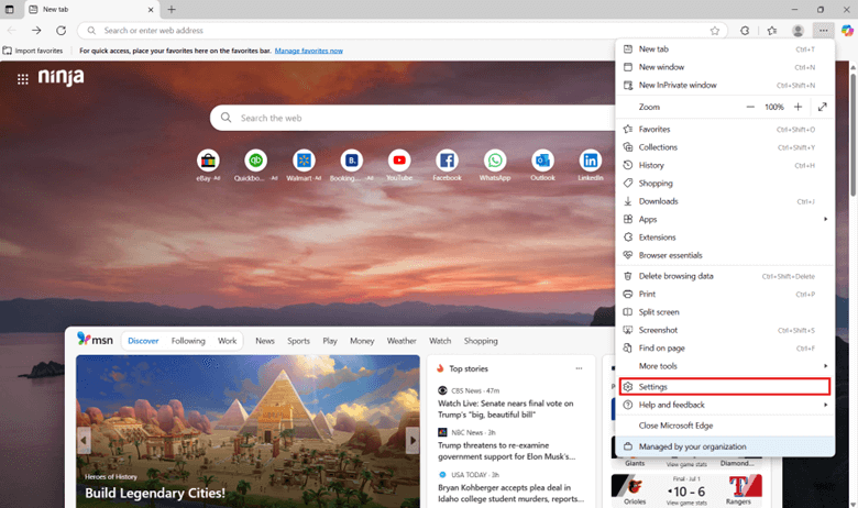 Microsoft Edge Settings option