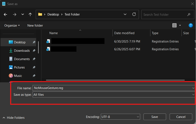 Name your .reg file as Name.reg (e.g., NoMouseGesture.reg), and change its Save as type to All files