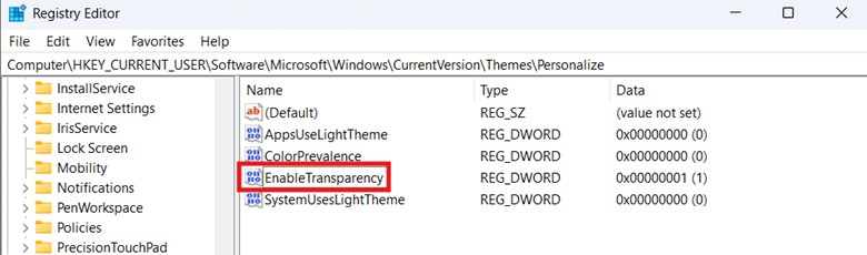Open Registry Editor and Find and double-click Enable Transparency.