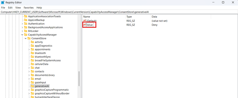Open Registry Editor look for generativeAI folder and double click value