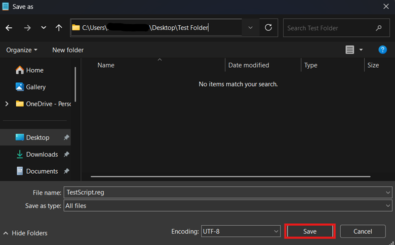 Scegli il percorso in cui salvare il file .reg