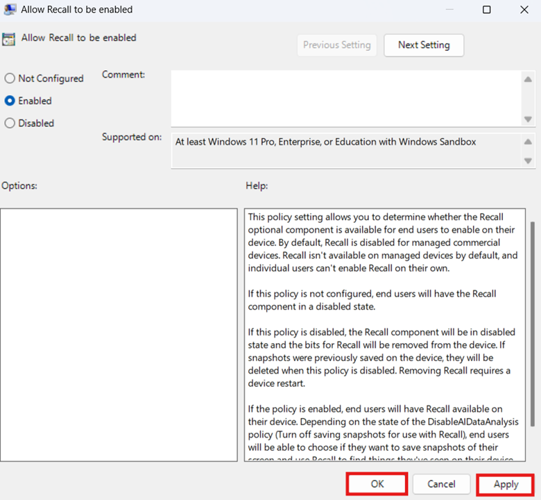 Press Apply and then OK to apply changes to a policy