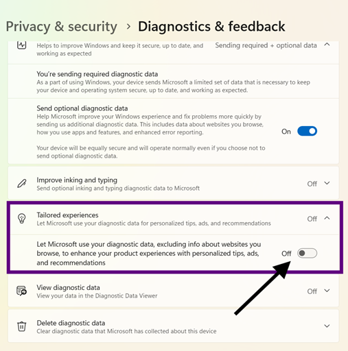 Scroll to Tailored experiences, then switch the toggle on or off