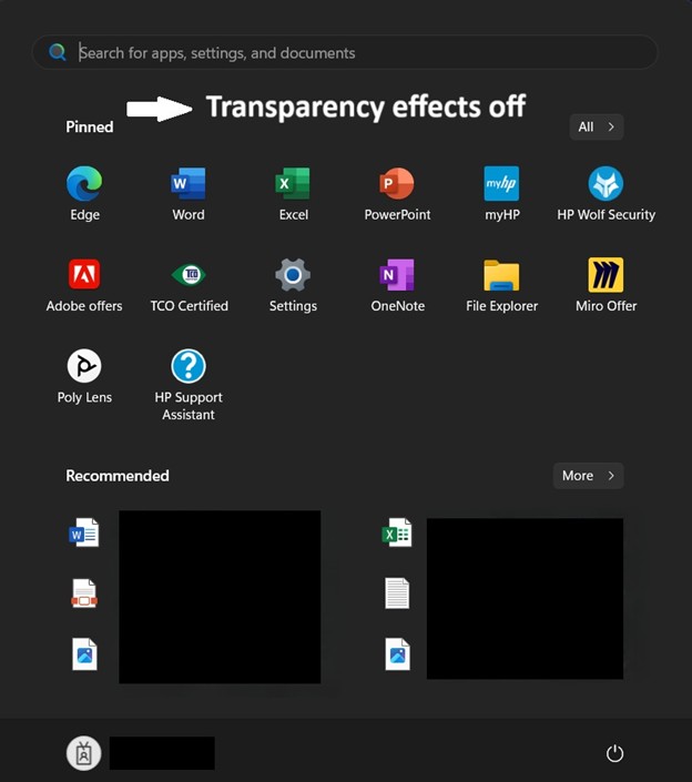 Transparency effects off