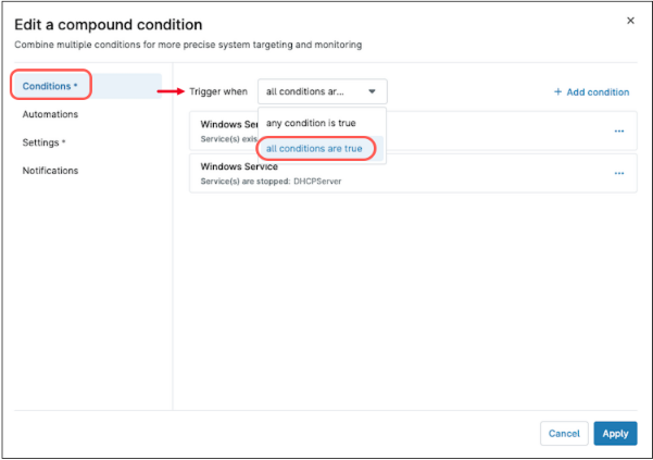 A screenshot showing how to edit a compound condition