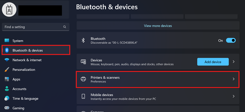 navigate to&nbsp;Bluetooth & devices then Printers & scanners.