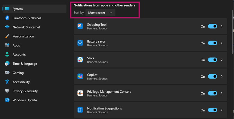 Configure notifications from apps and other senders