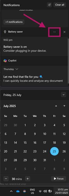 Notifications three-dot menu
