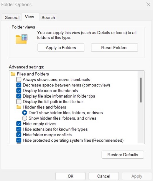 Folder Options advanced settings