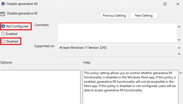Generative Fill radio buttons