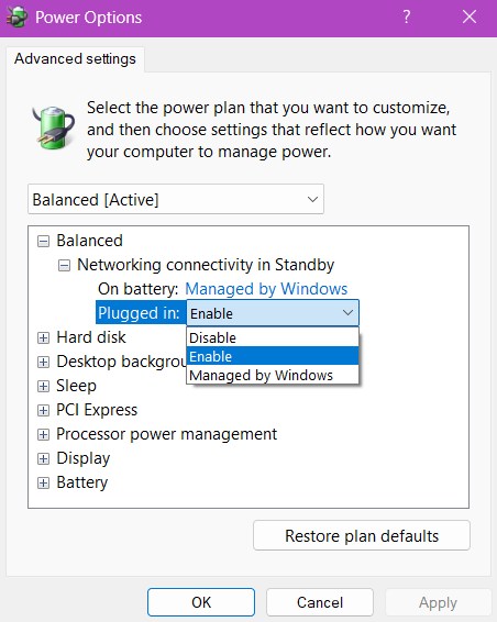 Power Options Advanced Settings window