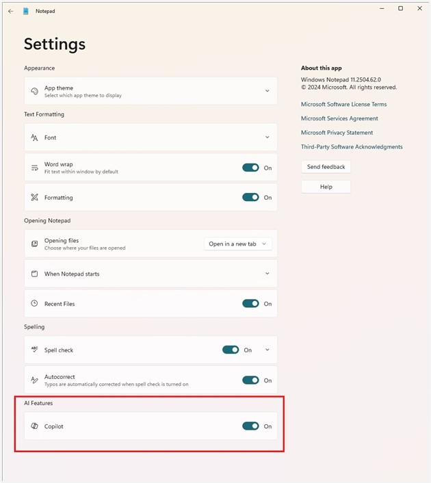 Blocco note Impostazioni Caratteristiche AI Pulsante di attivazione del copilota