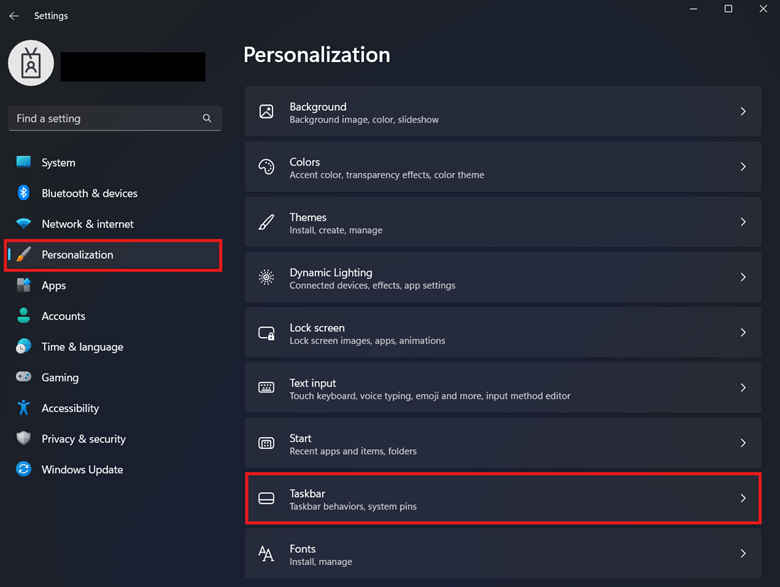 Taskbar personalization settings