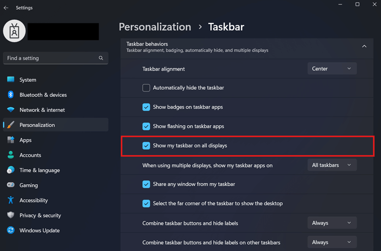 Show taskbar on all displays checkbox