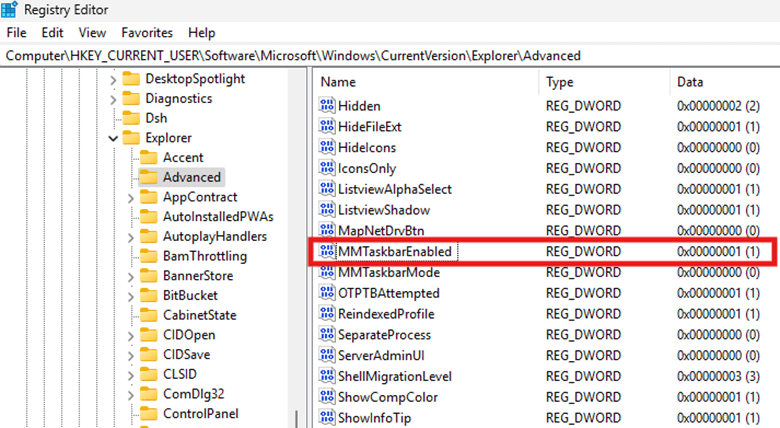 MMTaskbarEnabled DWORD value