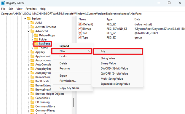 Open Registry Editor Find and Right Click Navpane select new and then key