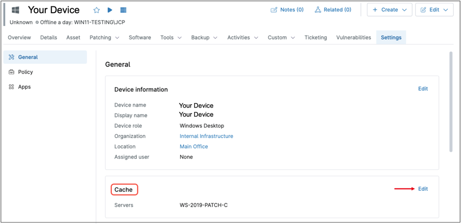 Cache section in General Settings screenshot