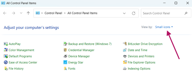 Control Panel Small Icons View