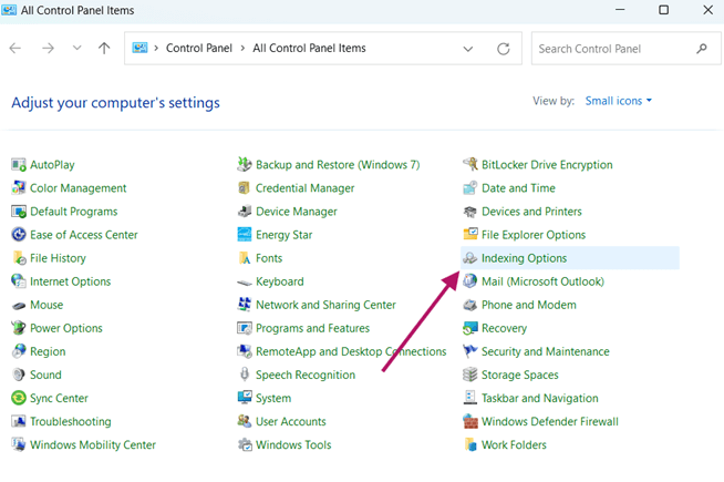 Indexing Options in Control Panel