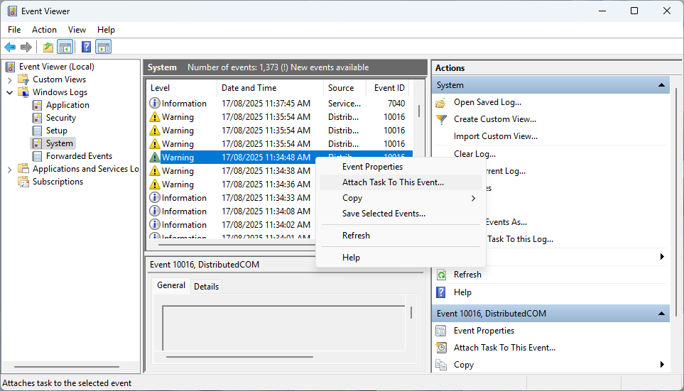 Event viewer task bar