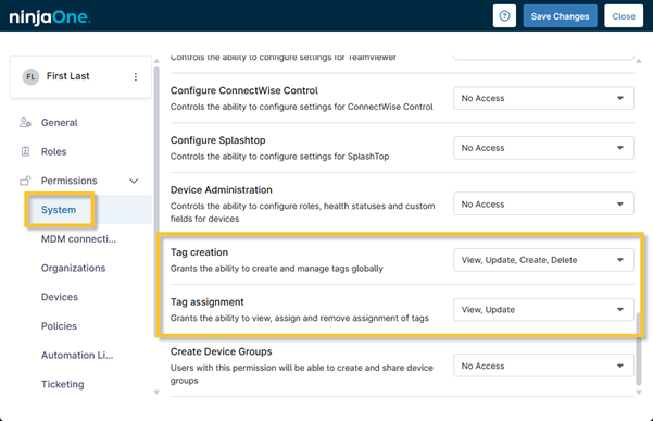 Tag Creation and Tag Assignment dropdowns
